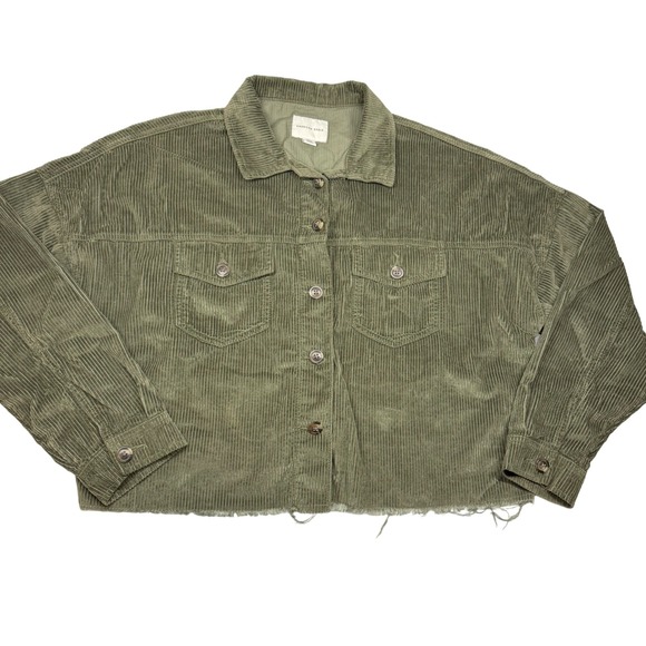 American Eagle Outfitters Jackets & Blazers - American Eagle Corduroy Cropped Shacket Olive Green Womens Medium Frayed Hem‎